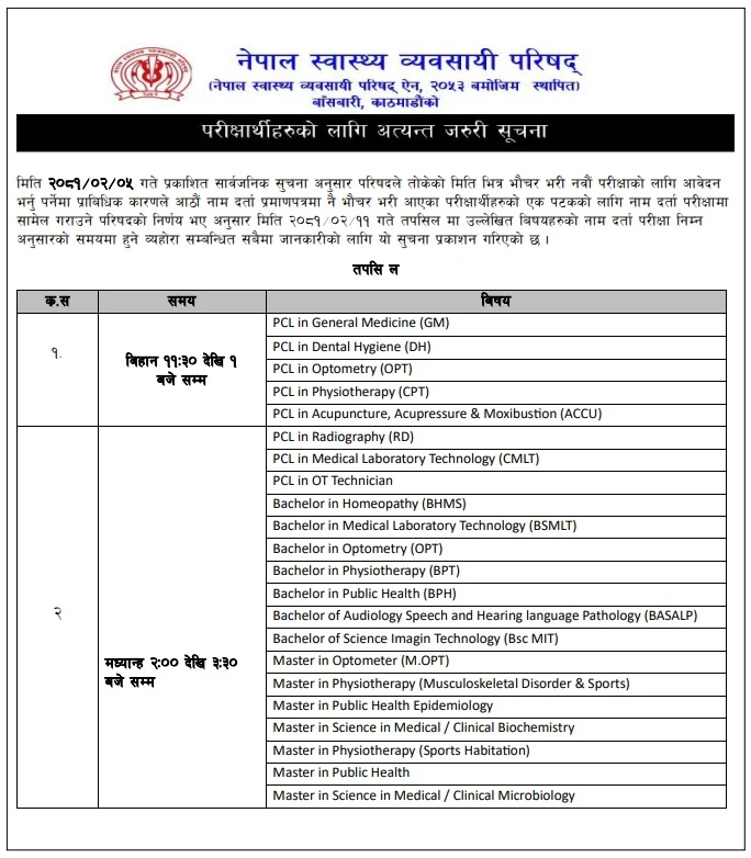 Notice for Ninth exam